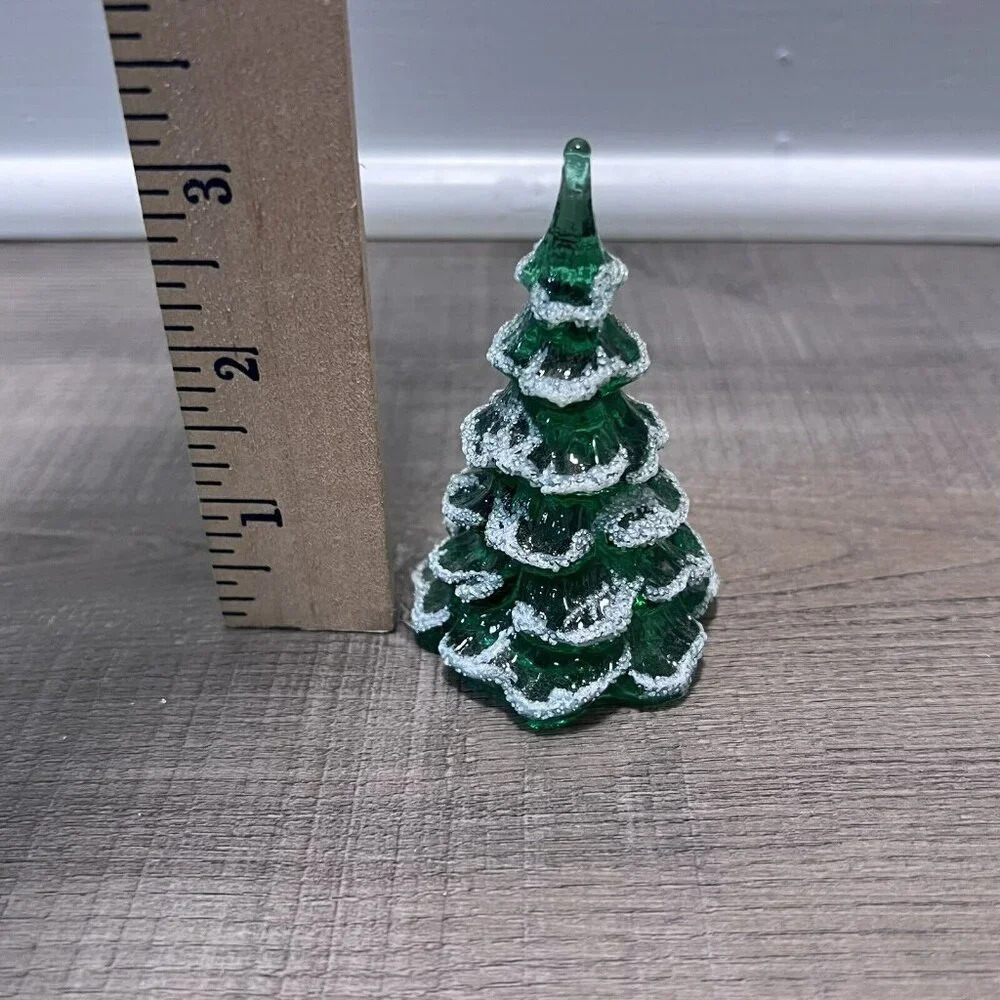 Fenton Art Glass Christmas Tree Figurine Green Frosted Gold Bird Set Of 3 VTG - Picture 13 of 14
